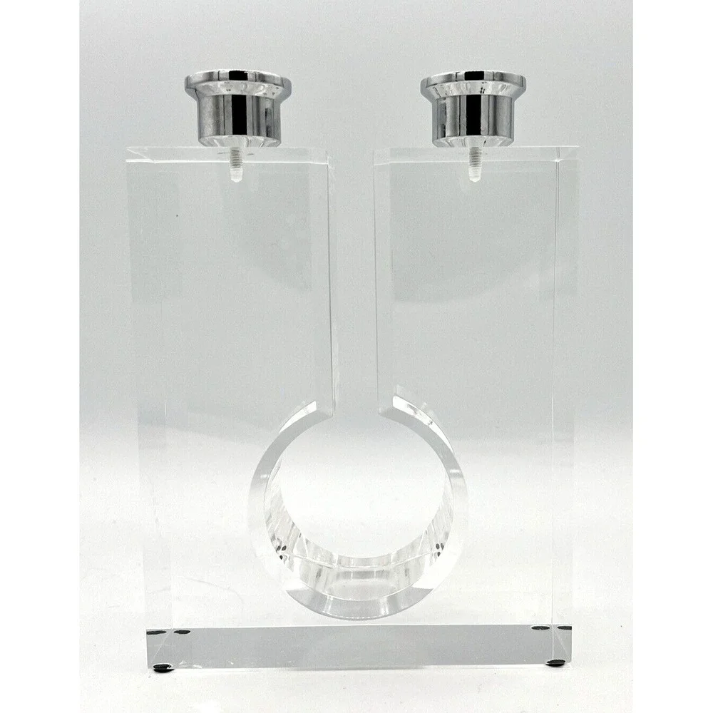 Clear Acrylic Lucite Double Candle Stick Holder Modern Contemporary 7